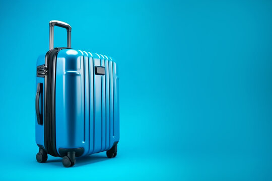 Blue suitcase on blue background with copy space, minimal style. Travel concept, vacation time, luggage, bag for travel. Holiday, trip and adventure theme. AI generated