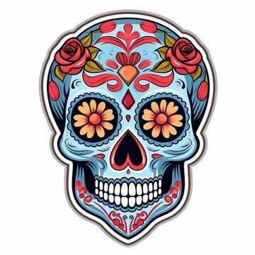 Sugar Skull Day of the Dead Sticker with White Background Design. Generative AI