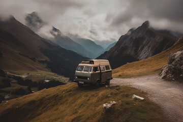 A Campervan Adventure in Mountain Scenery. Campervan journeying through the majestic mountains, with breathtaking natural scenery. Ai generated