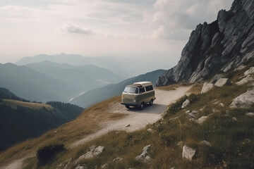 Obraz na płótnie Canvas A Campervan Adventure in Mountain Scenery. Campervan journeying through the majestic mountains, with breathtaking natural scenery. Ai generated