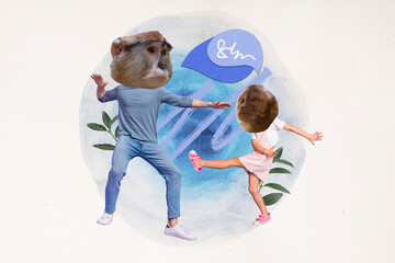 Photo creative collage of family wild monkeys dancing communicating speech dialogue careless...
