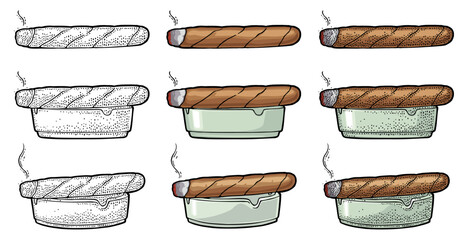 Cigar and ashtray. Vector vintage engraving color illustration