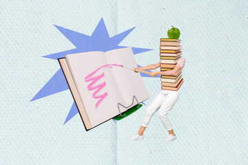 Creative idea collage of headless book woman hold paintbrush pink color copybook artwork...