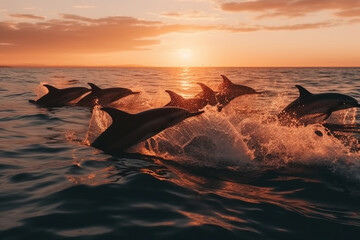 Leap of Freedom: Dolphins Jumping out of the Ocean at Sunset. Ai generated