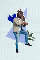 Vertical template design collage masquerade head wild horse man dance crossed hands gangnam style...
