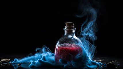 Red liquid in a glass bottle surrounded by blue smoke. Created with Generative AI.
