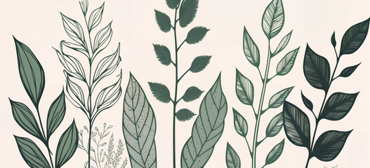 Green plant and leafs pattern. Pencil