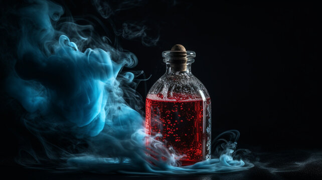 Strange red liquid in a simple glass bottle. Created with Generative AI.