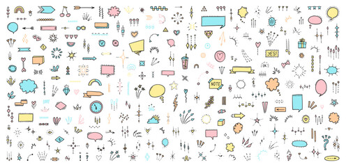 Vector set of doodles. Modern doodles, speech bubble, sparkle, burst, emphasis, star, heart, arrow, various expressions. Cartoon doodles set. Cute expression signs.