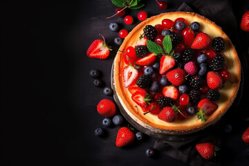 cheesecake is a dessert that is an open pie or even a cake decorated with fresh berries closeup on the plate. Horizontal top view. Generative AI