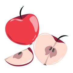 A red apple whole and cut into halves