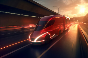 Fototapeta na wymiar A Futuristic Electric Truck on the Highway at Sunset, embodying the promise of sustainable transportation. Ai generated