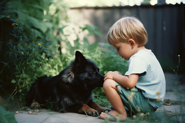 Child with dog. Friendship, care, happiness concept. Generative AI
