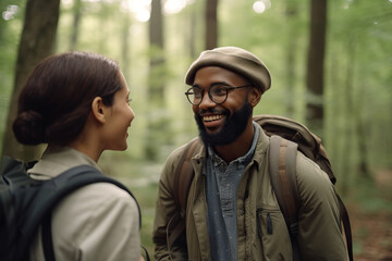 Mixed race couple of hikers walking by forest,. Generative ai