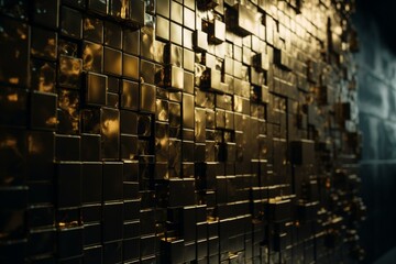 Mosaic wall with gold blocks in glossy finish. Generative AI