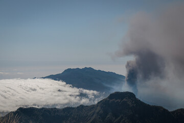 Cumbre Vieja volcanic eruption on the island of La Palma, Canary Islands. Volcano La Palma from far aerial view..