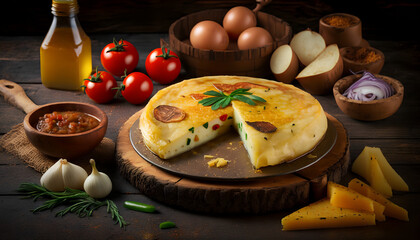 Tortilla de patatas con sus ingredientes recien hecha y casera en una imagen cenital.