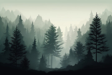Pine Foggy Forest with a Mysterious Vibe. Misty forest of pine trees enveloped in fog, evoking a sense of mystery and intrigue. Ai generated
