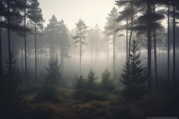 Fototapeta na wymiar Pine Foggy Forest with a Mysterious Vibe. Misty forest of pine trees enveloped in fog, evoking a sense of mystery and intrigue. Ai generated