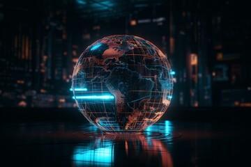Smart world tech. Cyber-digital world, IoT data world. 3D neon globe with light backgrounds. Generative AI