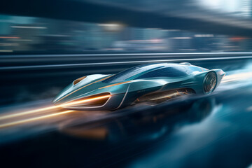 Obraz na płótnie Canvas Futuristic electric speedboat cutting through the waves with motion blur, conveying a sense of speed and power. Ai generated