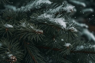 Snow surface covered with pine needles. Generative AI