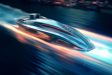 Futuristic electric speedboat cutting through the waves with motion blur, conveying a sense of speed and power. Ai generated