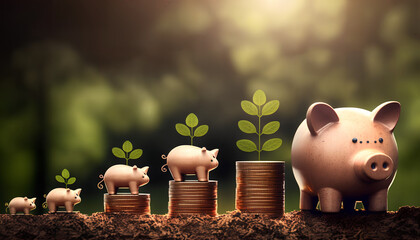 Money coins stack growing graph and piggy bank nature background
