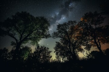 Trees silhouetted against the night sky. Generative AI