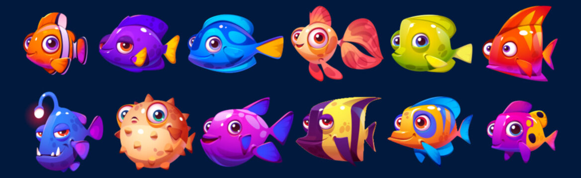 Set Of Cute Vector Cartoon Fish For Aquarium Game. Isolated Happy Underwater Characters. Smiling Fun Tropical Sea Animal Clipart With Face And Mouth. Collection Of Exotic Clownfish Cheerful Creatures.