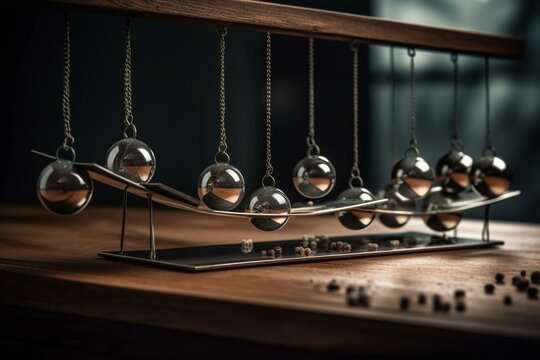The concept of self-reflection leading to success in work and life, illustrated by a Newton's cradle and a word. Generative AI