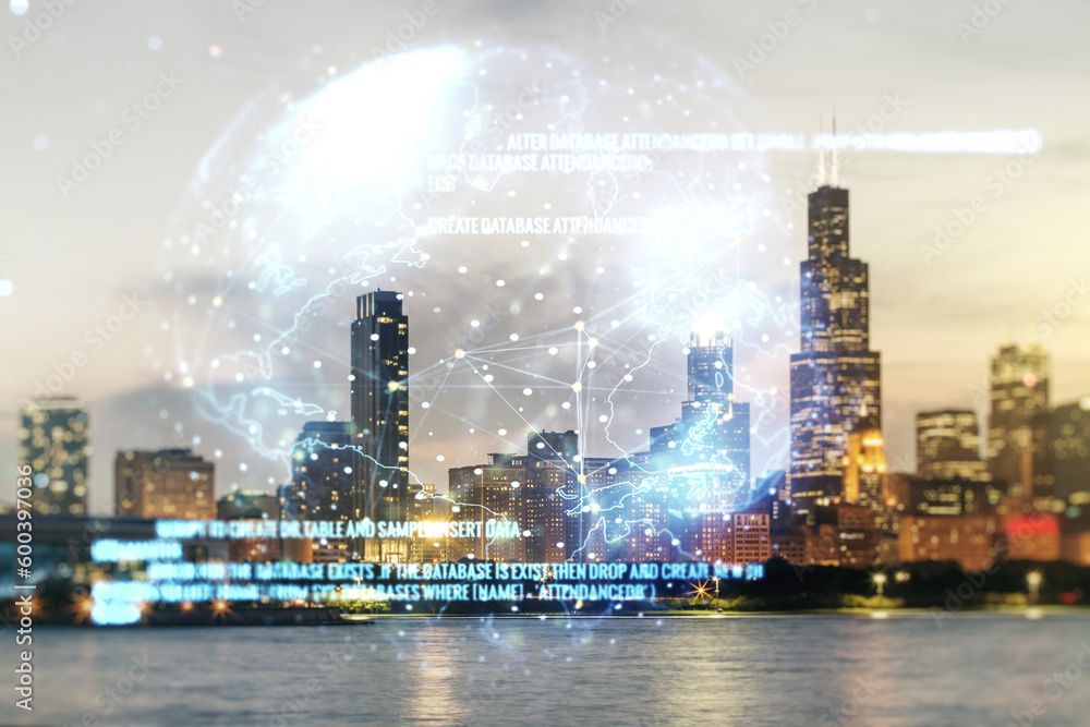 Poster multi exposure of abstract creative coding sketch and world map on chicago city skyline background, 