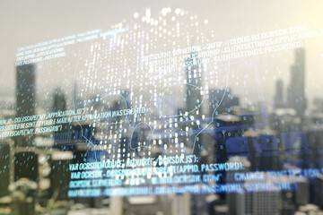 Abstract virtual code skull illustration on blurry skyline background. Hacking and phishing concept. Multiexposure
