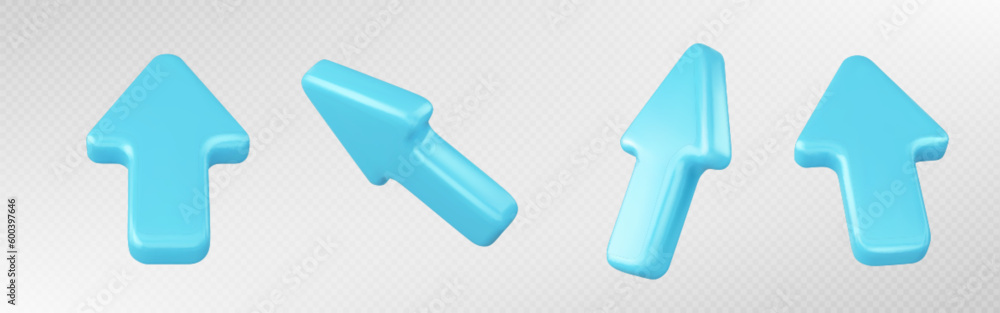 Poster realistic 3d set of blue arrow cursors isolated on transparent background. vector illustration of gl