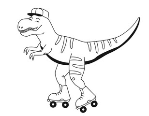 Tyrannosaurus rides roller skates. Funny predator in outline style.