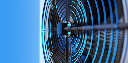 Air conditioning fragment. Fan behind metal mesh. Close-up of air conditioner unit. Equipment for re-circulation. Ventilation technologies. Air conditioner on blue. Climatic equipment - obrazy, fototapety, plakaty