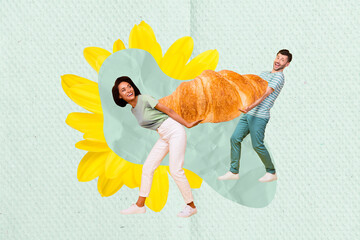 Promo collage advertisement two cooking people carry huge french sweet french croissant dessert cafeteria isolated on blue background