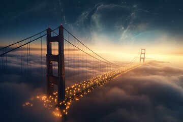 Illuminated golden gate in the sky. 3D illustration. Generative AI