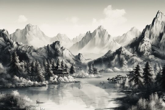 A landscape of mountains and lake depicted in ink wash painting style. Generative AI