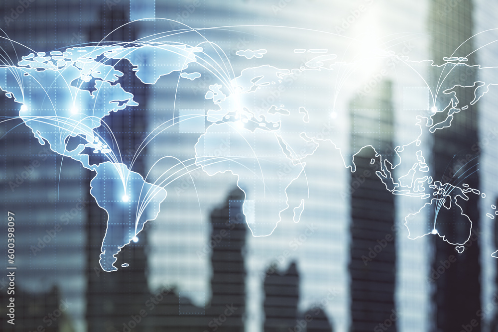 Poster double exposure of abstract digital world map hologram with connections on blurry cityscape backgrou