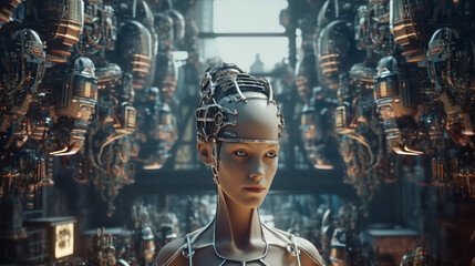 Rise of ChatGPT and AI: Hybrid Female Robot Android. The Future of Technology. Risks of AI. Generative AI.