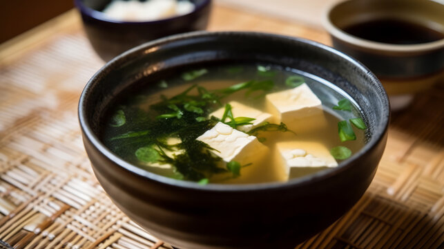 Miso Soup - Japanese soup made with miso paste, tofu, and seaweed. Generative AI Art Illustration