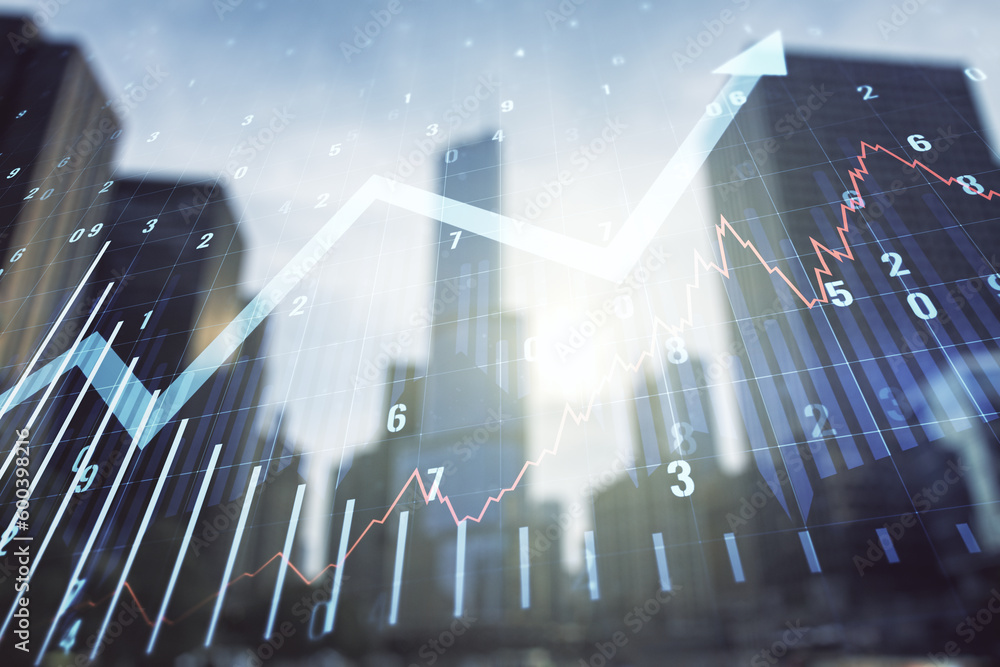 Poster abstract virtual financial graph and upward arrow hologram on modern architecture background, financ