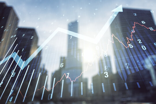 Abstract virtual financial graph and upward arrow hologram on modern architecture background, financial and trading concept. Multiexposure