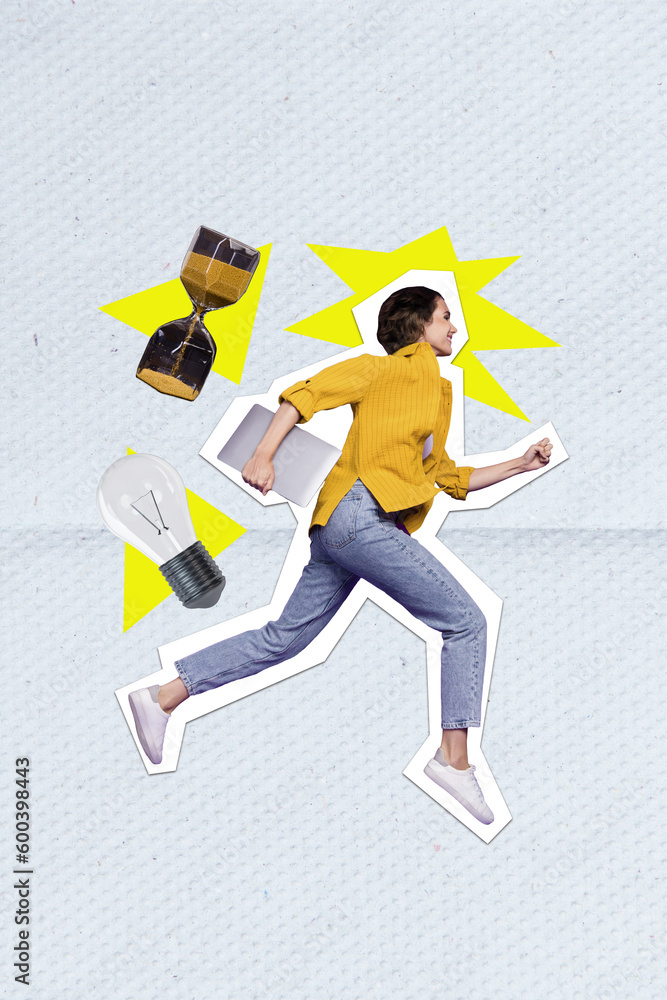 Sticker Vertical template picture collage of young office manager worker lady run genius idea no time for waiting isolated on grey background