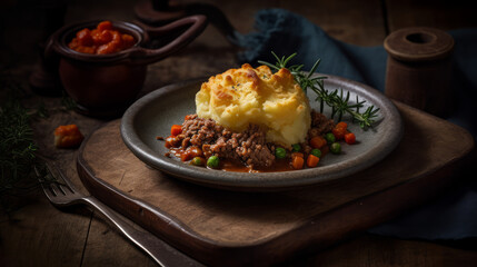 Shepherd's Pie - British dish of beef or lamb topped with mashed potatoes. Generative AI Art Illustration