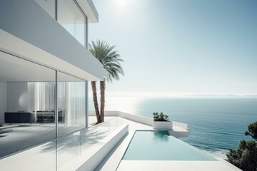 Contemporary white villa with ocean vista. Generative AI