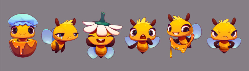 Cute bee character with honey, happy bumblebee mascot. Funny flying insect with different emotions. Sad, angry, surprised bee with flower and honey pot, vector cartoon set