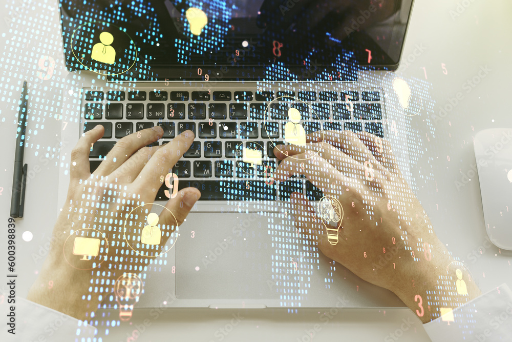 Poster double exposure of social network icons concept with world map and hand typing on computer keyboard 