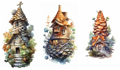 Fototapeta premium Watercolour fantasy forest cone houses. Greeting cards and envelopes artwork project set 4.
